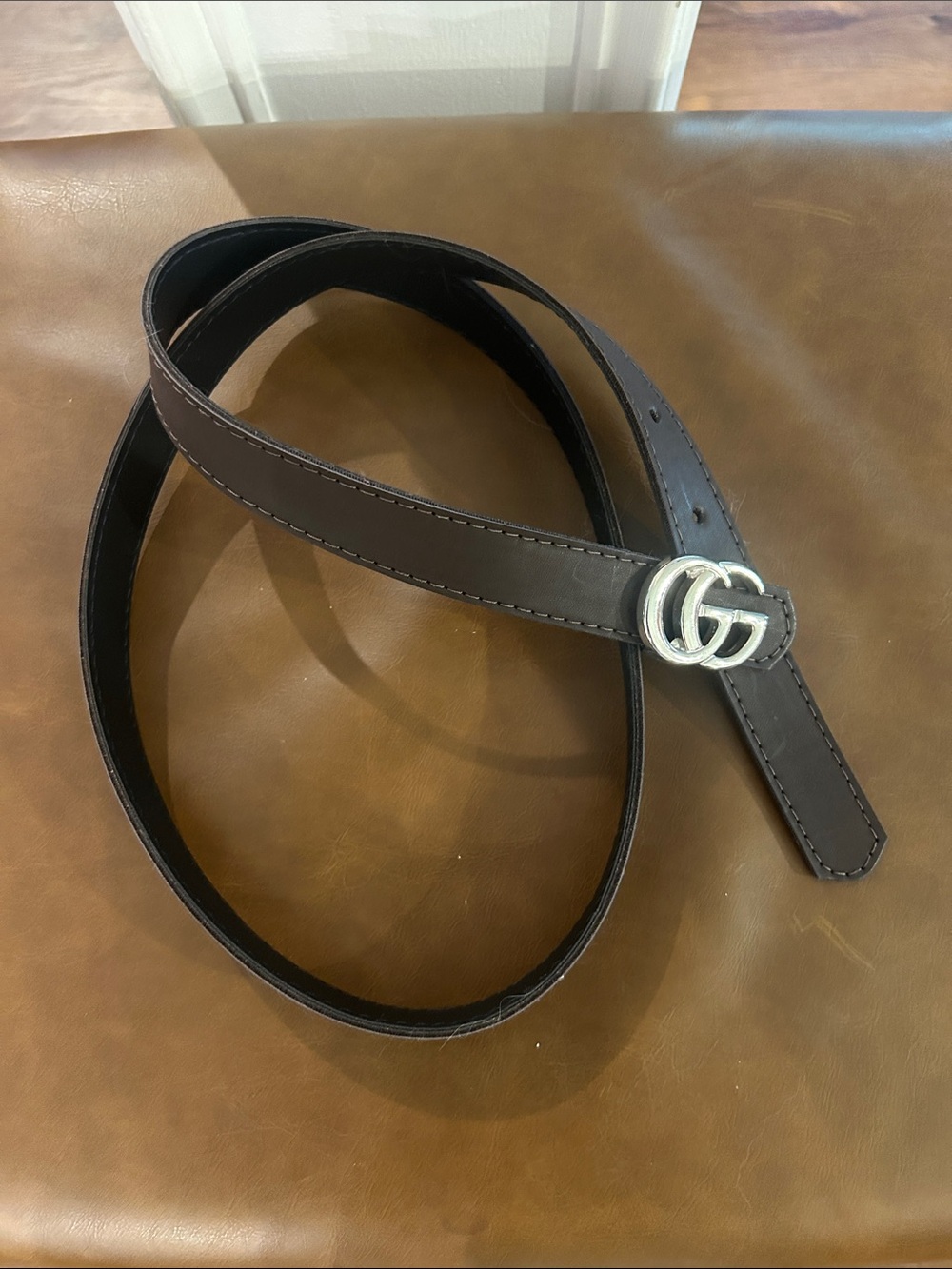 Leather GG Buckle Belt - Dark Brown